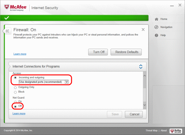 McAfee Firewall Settings