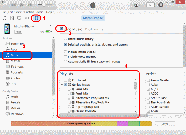 iTunes sync playlist option 1