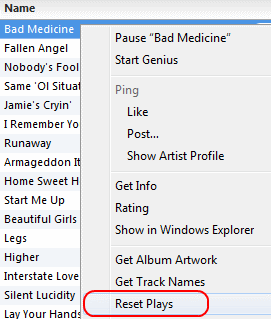 iTunes reset plays option