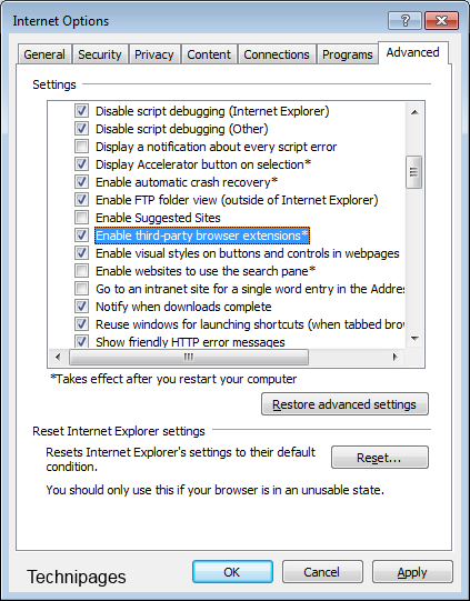 Enable third party browser extensions setting