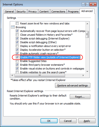 IE Enable FTP folder view setting