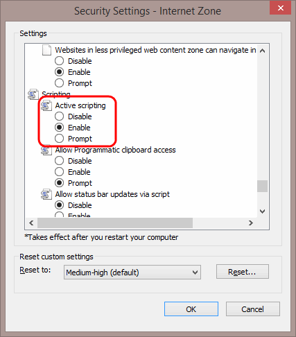 IE11 Javascript setting