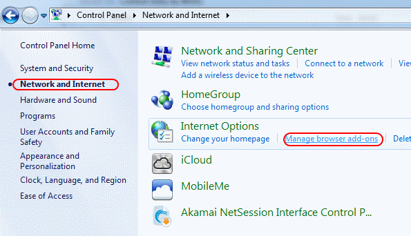 Win7 manage browser add-ons selection