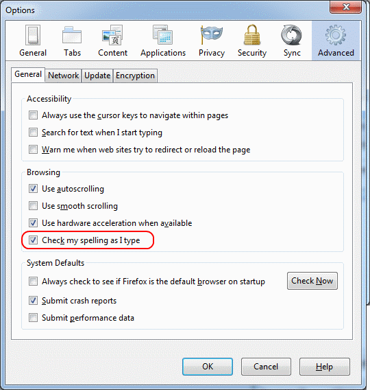 Firefox spellcheck option in options