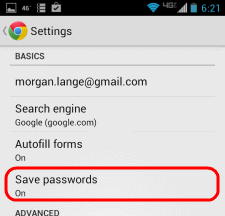 Android Chrome Save Passwords option