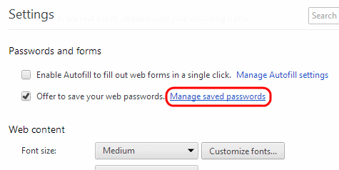 Chrome Manage Saved Passwords link