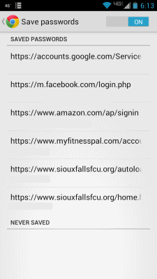 Android Chrome Saved Passwords Website List