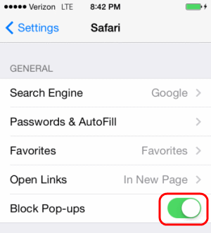 Safari for iOS Popup setting