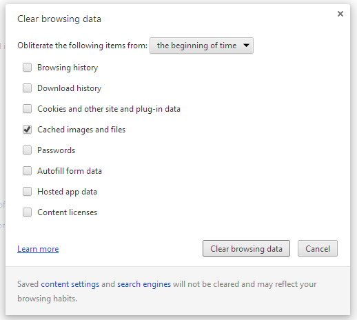 Chrome Clear browsing data screen