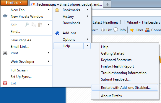 Firefox - Restart with addons disabled option