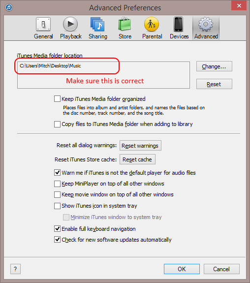 iTunes Media Folder Location Setting