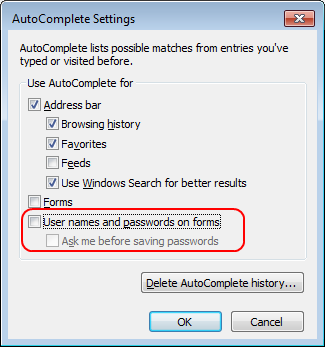 IE AutoComplete Settings - User names and passwords setting