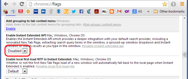 Chrome Enable Instant Extended API setting