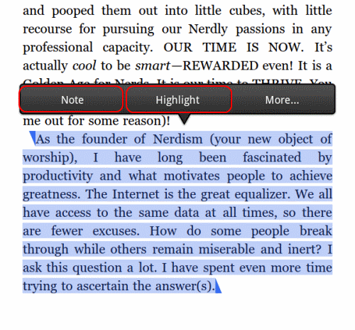 Kindle Fire Note and Highlight options