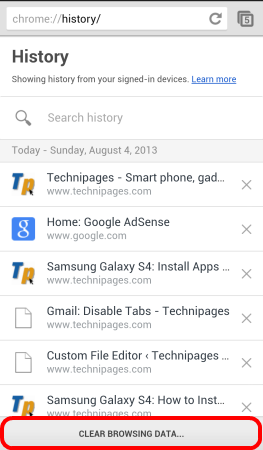 Android Chrome Clear Browsing Data Button