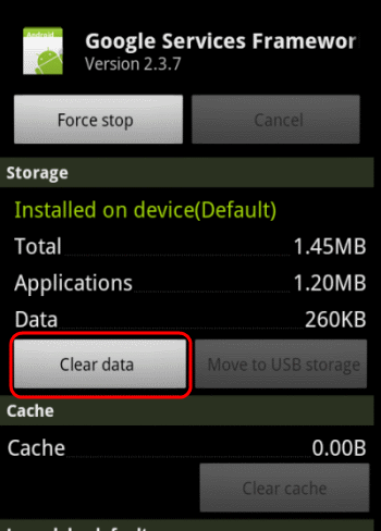 Clearing data on Google Services Framework screen