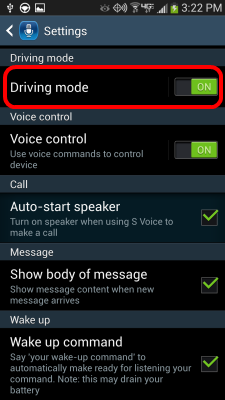 Driving Mode setting from settings