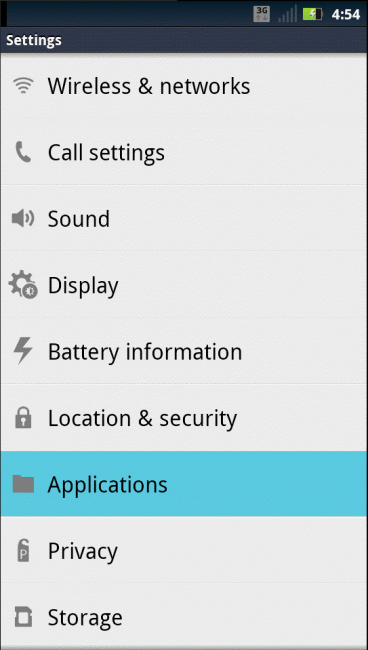 Droid RAZR Applications setting option