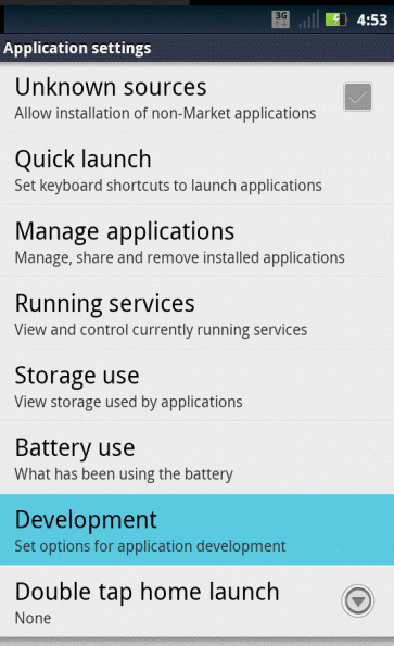 Droid RAZR Development settings option