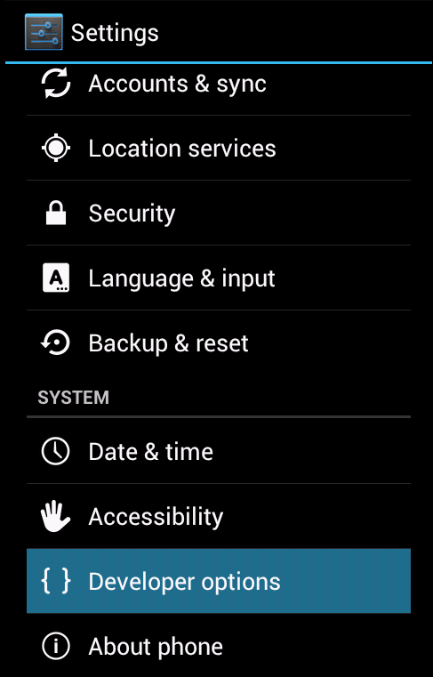 Galaxy Nexus Developer options selection