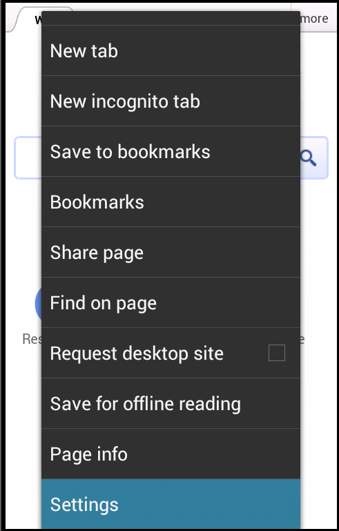 Android Browser settings option