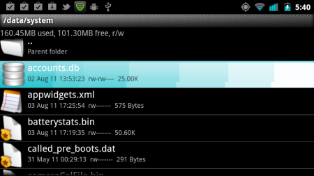 Android Root Explorer - Accounts DB file