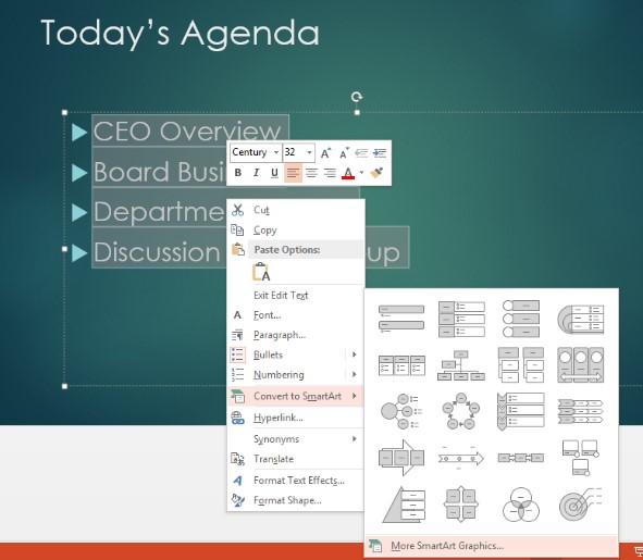 Right click menu on agenda slide