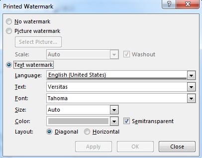 Watermark dialog box