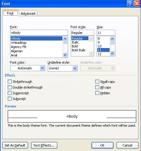 Font dialog box screenshot