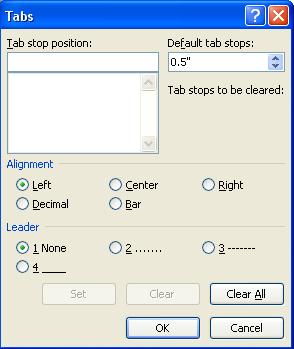 Tabs dialog box screenshot