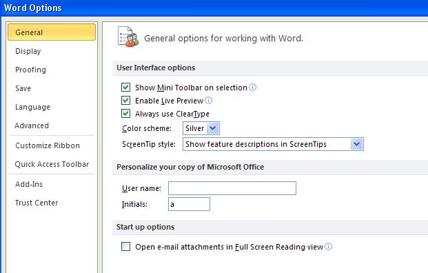 Word options screenshot