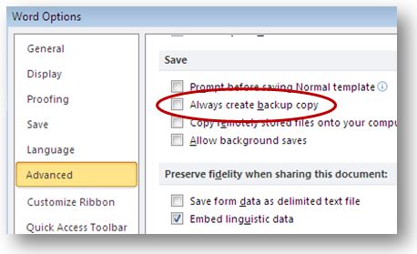 screenshot of Always create backup copy checkbox