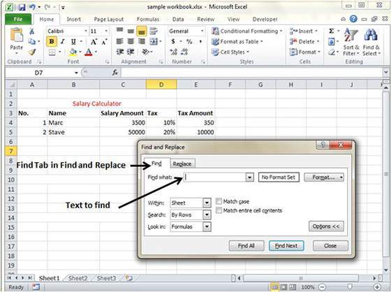 Find Tab in Excel