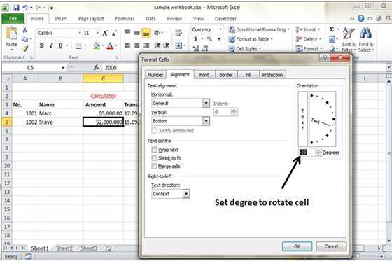 Rotate cell from Formatting cells