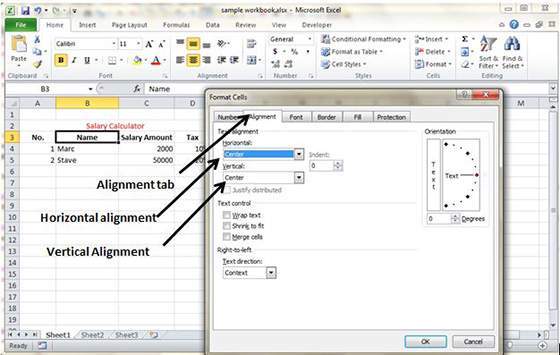 Change alignment from Format cells