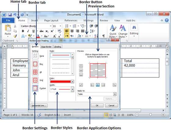 Table Border Options