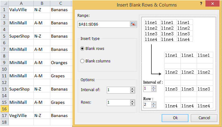 doc insert blank rows columns