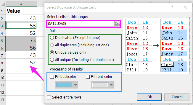 doc select unique duplicate value