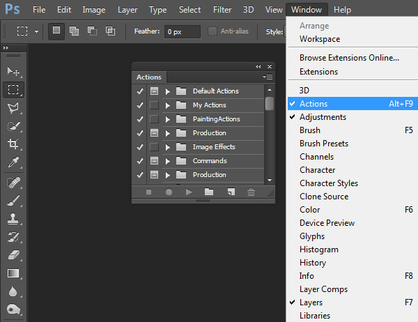 Open the Actions panel in Photoshop