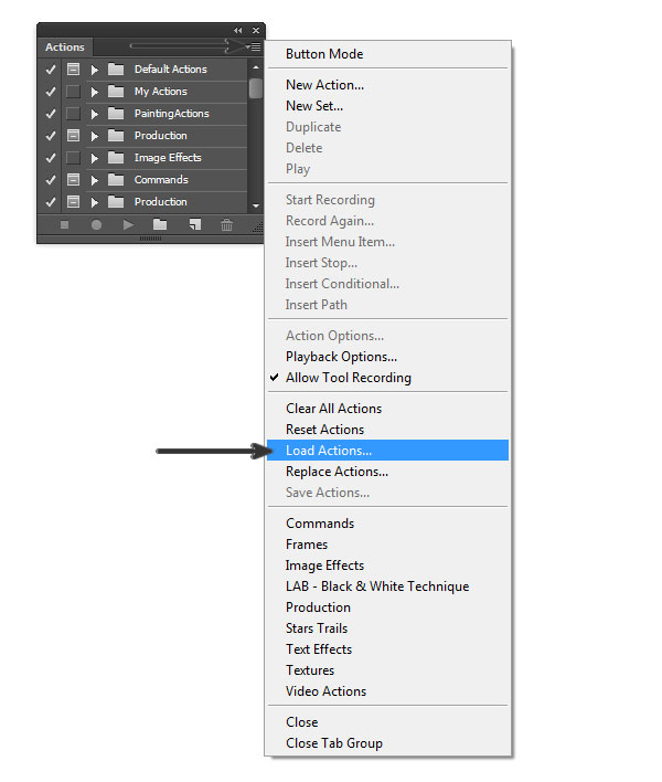 Select Load Actions from the panel menu