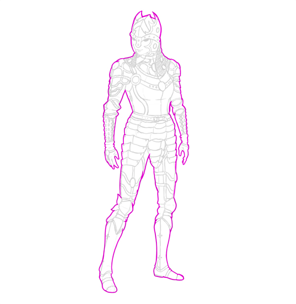 female warrior painting armor outline