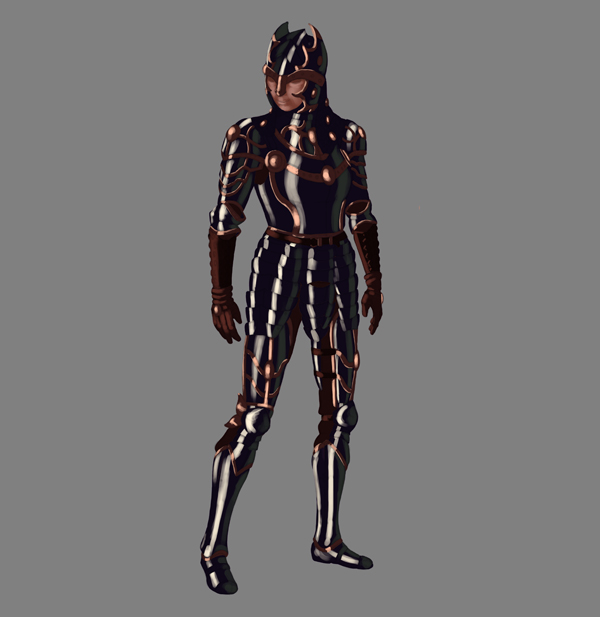 female warrior painting armor reflected light metal