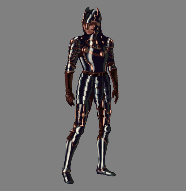 female warrior painting armor metal glow