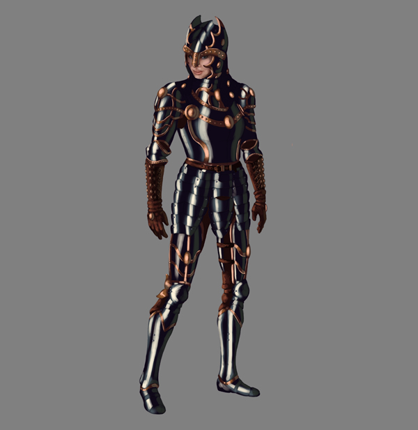 female warrior painting armor all rivets