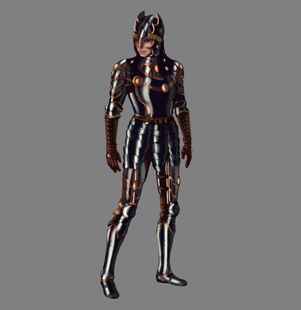 female warrior painting armor steel metal