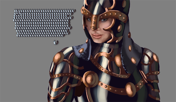 female warrior painting armor chain mail