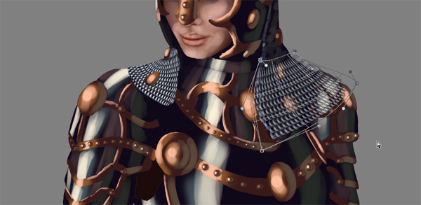 female warrior painting armor chain mail shape