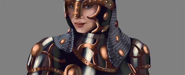 female warrior painting armor chain mail lighting