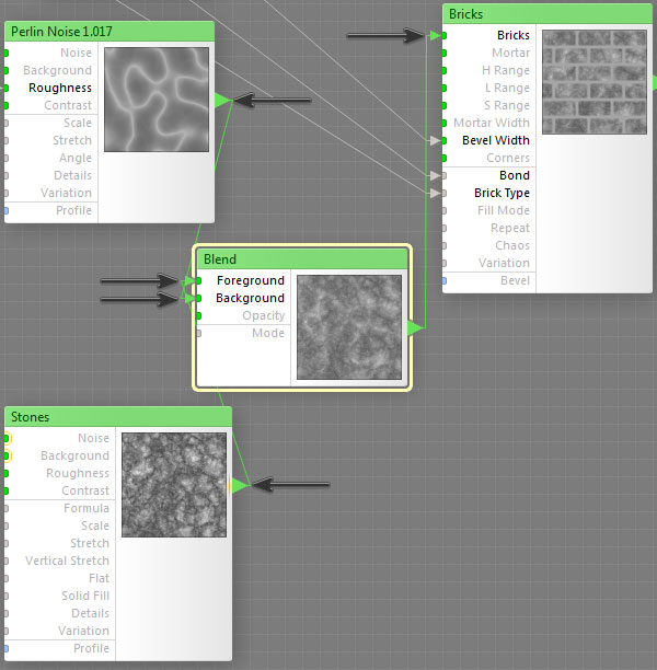 Map the Perlin Noise and Stones to Blend node to connect to the Bricks node