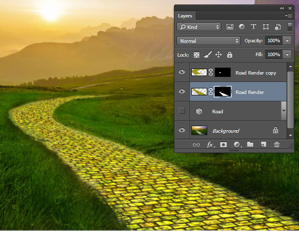 Use layer masks to fit the yellow road to the path in the photo